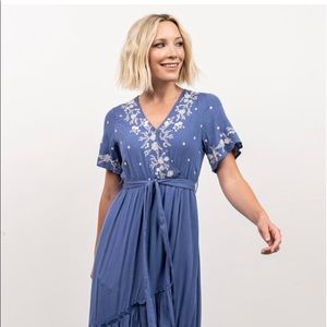 NWT Macey Embroidered Midi Dress in Blue